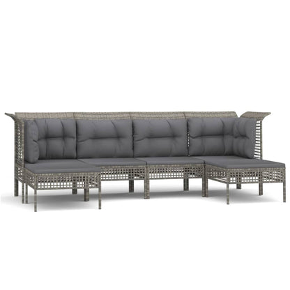 6-Delige Loungeset Met Kussens Poly Rattan Grijs 2x hoek + 2x midden + 2x voetensteun