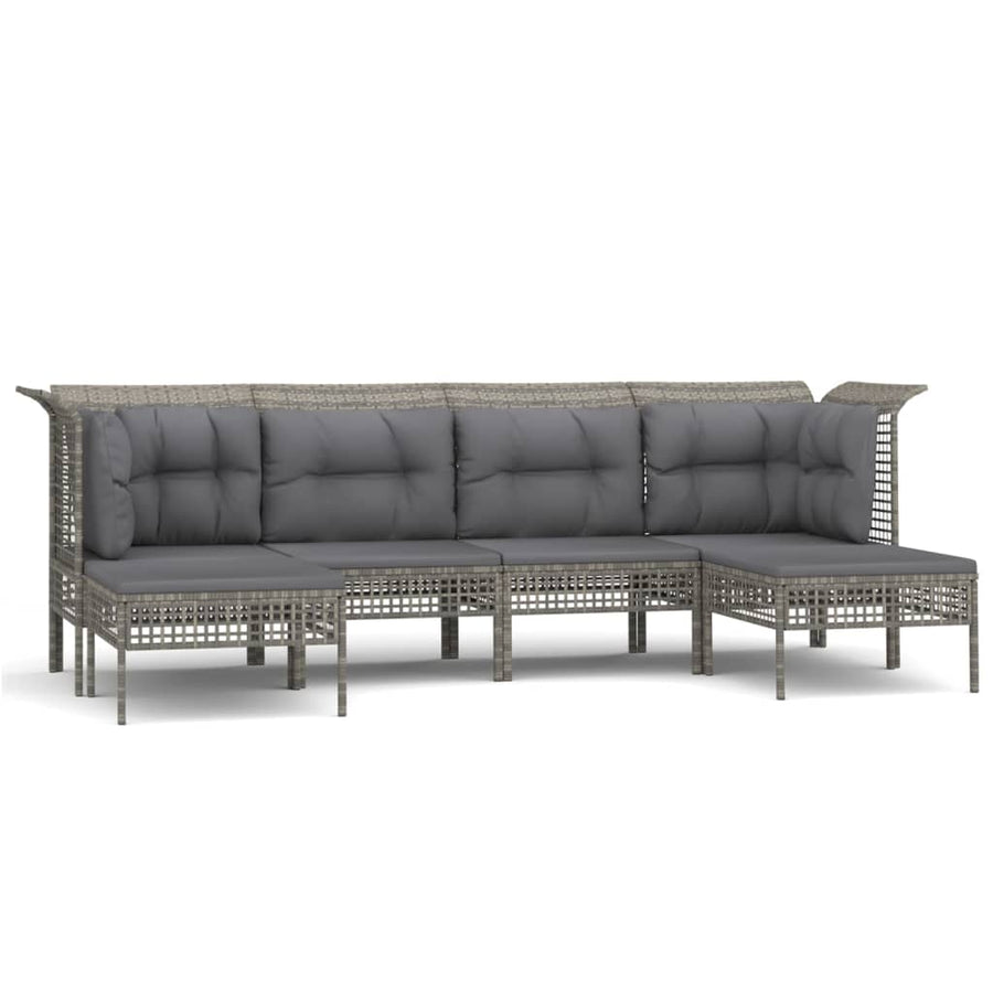 6-Delige Loungeset Met Kussens Poly Rattan Grijs 2x hoek + 2x midden + 2x voetensteun