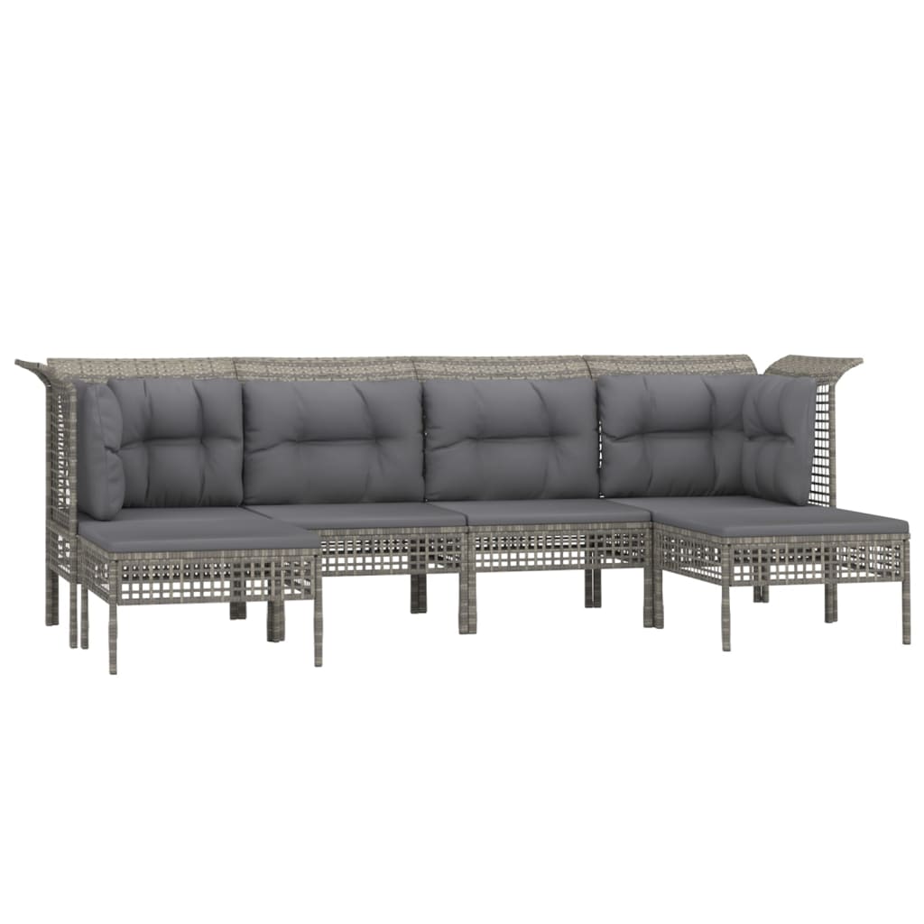 6-Delige Loungeset Met Kussens Poly Rattan Grijs 2x hoek + 2x midden + 2x voetensteun