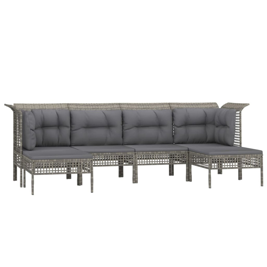 6-Delige Loungeset Met Kussens Poly Rattan Grijs 2x hoek + 2x midden + 2x voetensteun