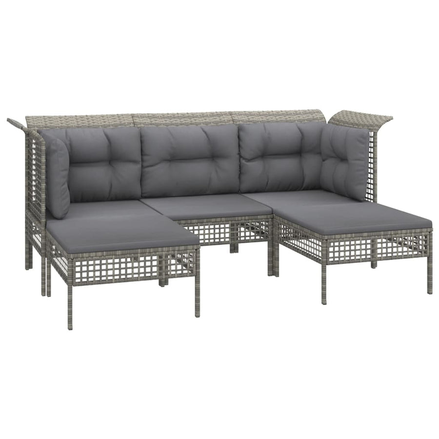 6-Delige Loungeset Met Kussens Poly Rattan Grijs 2x hoek + 2x midden + 2x voetensteun