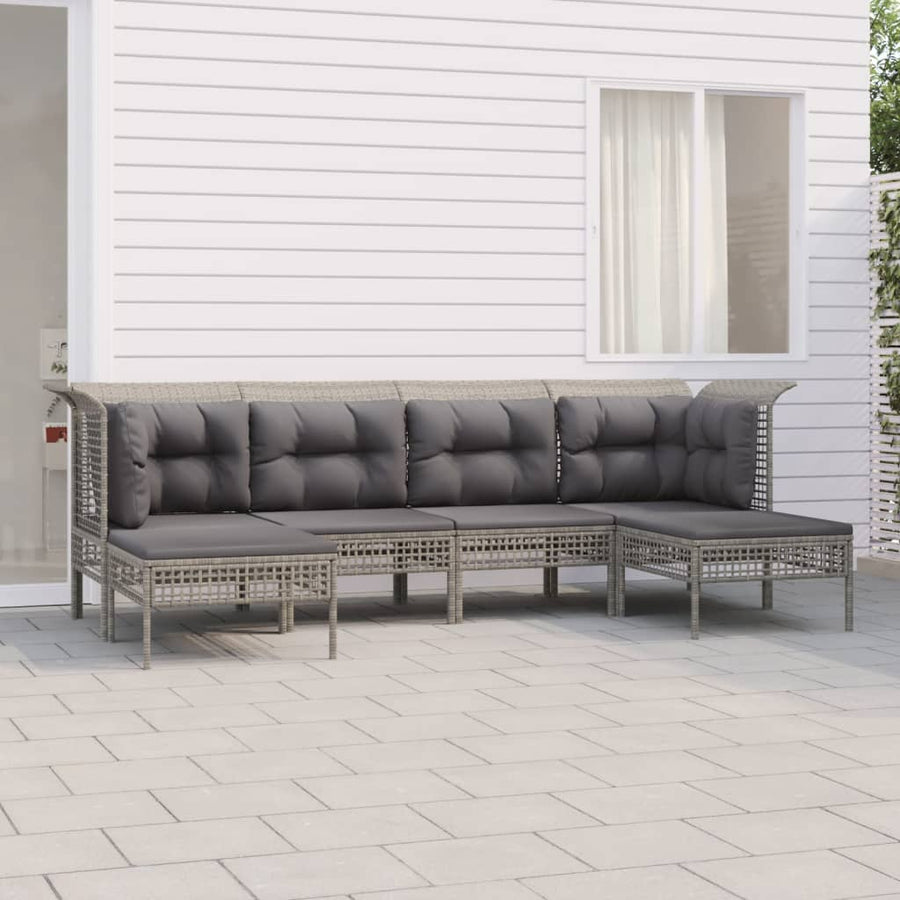 6-Delige Loungeset Met Kussens Poly Rattan Grijs 2x hoek + 2x midden + 2x voetensteun