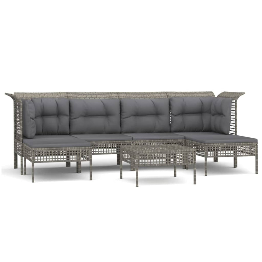 7-Delige Loungeset Met Kussens Poly Rattan Grijs 2x hoek + 2x midden + 3x voetensteun