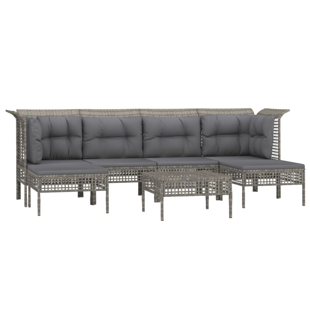 7-Delige Loungeset Met Kussens Poly Rattan Grijs 2x hoek + 2x midden + 3x voetensteun