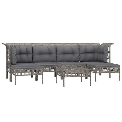 7-Delige Loungeset Met Kussens Poly Rattan Grijs 2x hoek + 2x midden + 3x voetensteun