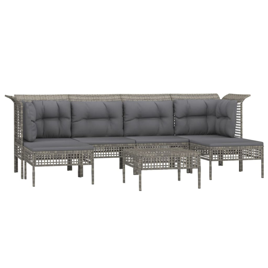 7-Delige Loungeset Met Kussens Poly Rattan Grijs 2x hoek + 2x midden + 3x voetensteun