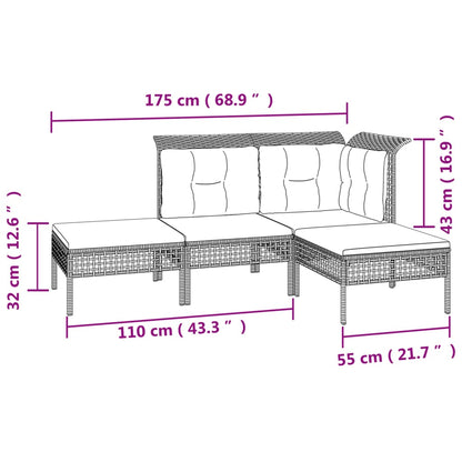 7-Delige Loungeset Met Kussens Poly Rattan Grijs 2x hoek + 2x midden + 3x voetensteun