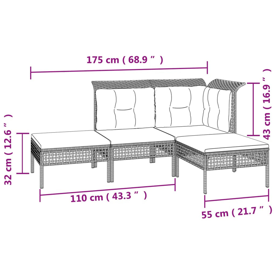 7-Delige Loungeset Met Kussens Poly Rattan Grijs 2x hoek + 2x midden + 3x voetensteun