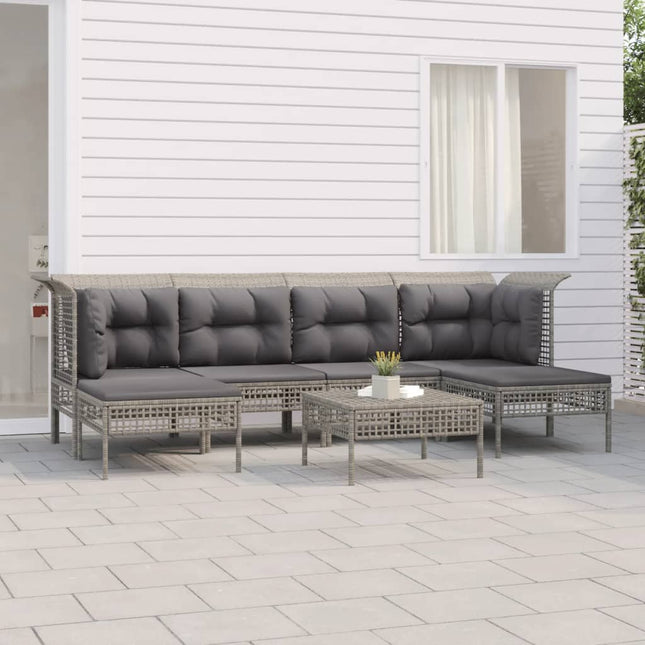 7-Delige Loungeset Met Kussens Poly Rattan Grijs 2x hoek + 2x midden + 3x voetensteun