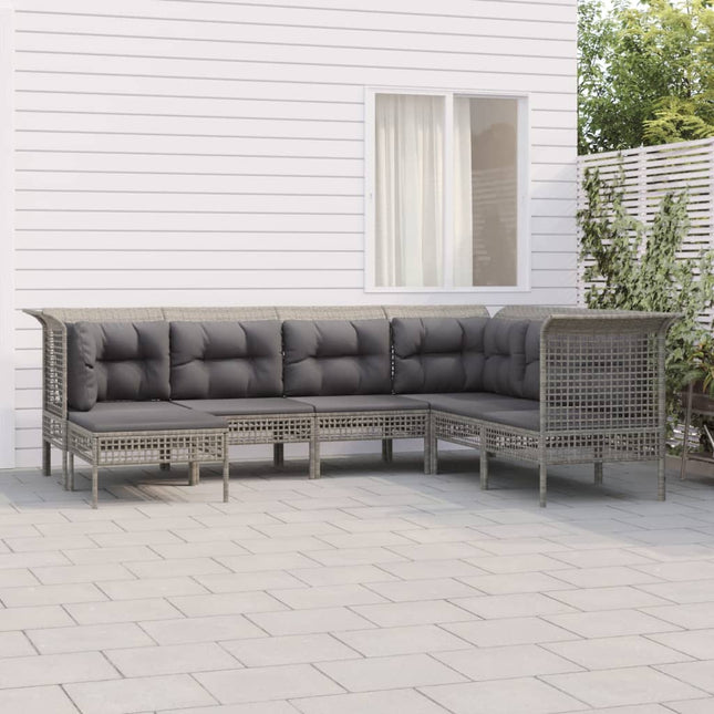 7-Delige Loungeset Met Kussens Poly Rattan Grijs 3x hoek + 3x midden + voetensteun