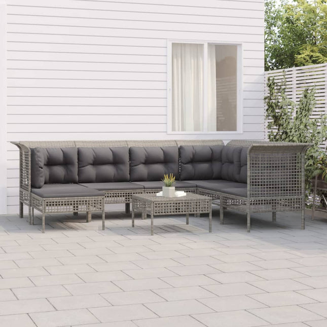 8-Delige Loungeset Met Kussens Poly Rattan Grijs 3x hoek + 3x midden + 2x voetensteun