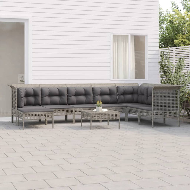 9-Delige Loungeset Met Kussens Poly Rattan Grijs 3x hoek + 4x midden + 2x voetensteun