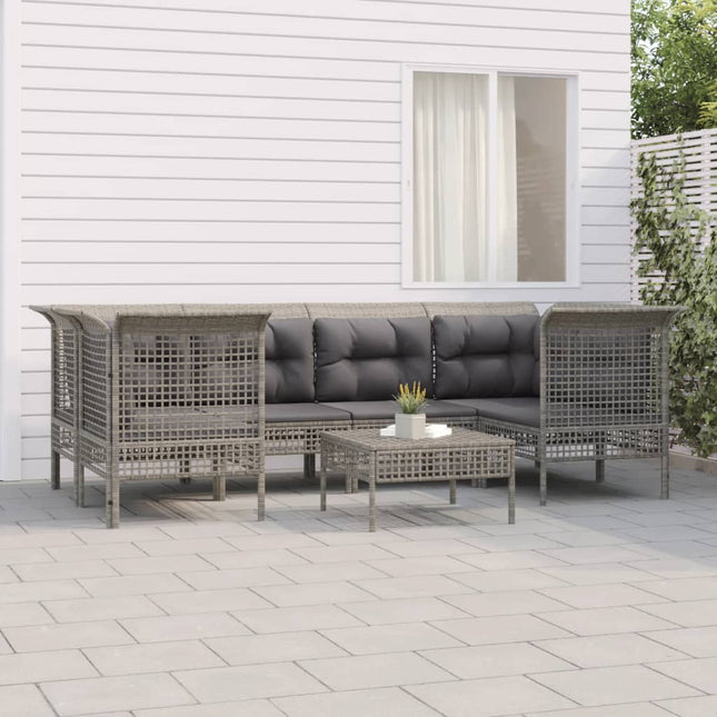 7-Delige Loungeset Met Kussens Poly Rattan Grijs 4x corner + 2x middle + footrest