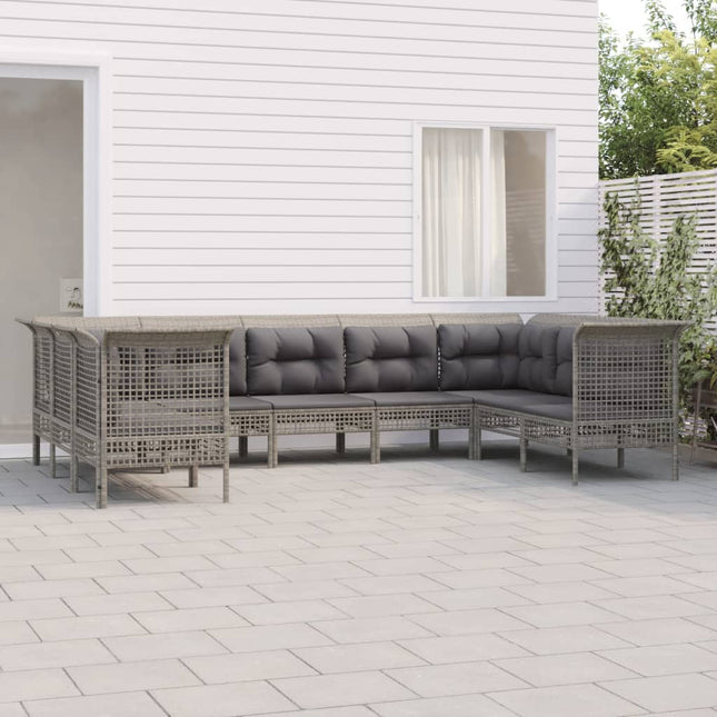 9-Delige Loungeset Met Kussens Poly Rattan Grijs 4x hoek + 4x midden + voetensteun