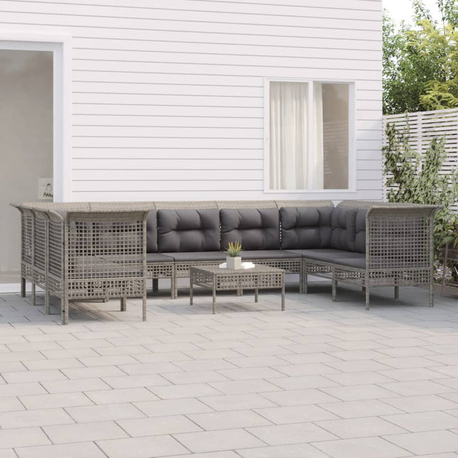 0-Delige Loungeset Met Kussens Poly Rattan Grijs 4x hoek + 5x midden + voetensteun