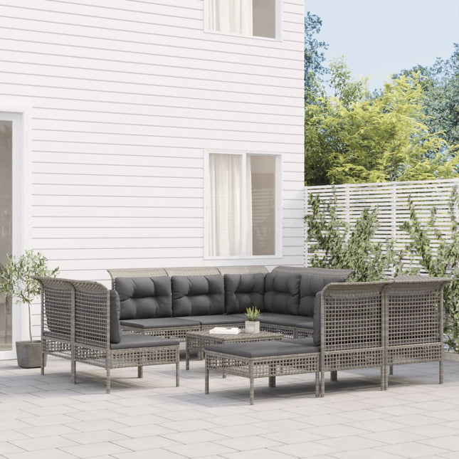 0-Delige Loungeset Met Kussens Poly Rattan Grijs 2x hoek + 6x midden + 2x voetensteun