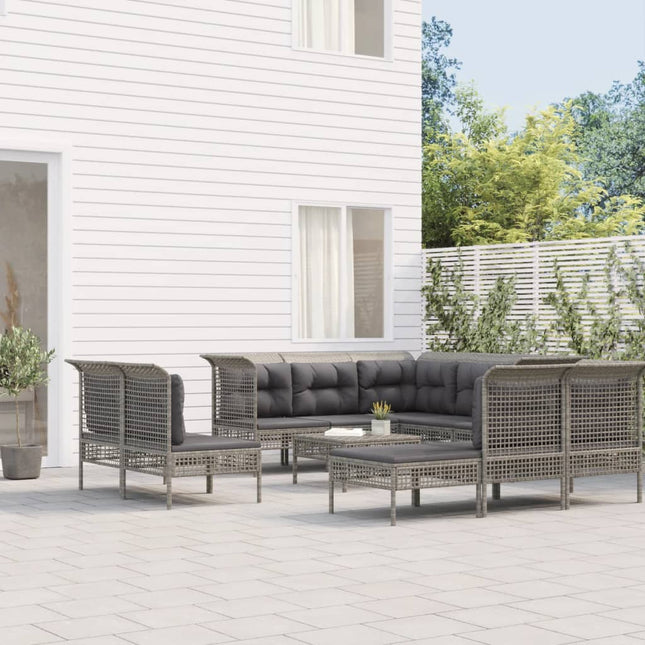 0-Delige Loungeset Met Kussens Poly Rattan Grijs 4x hoek + 5x midden + voetensteun