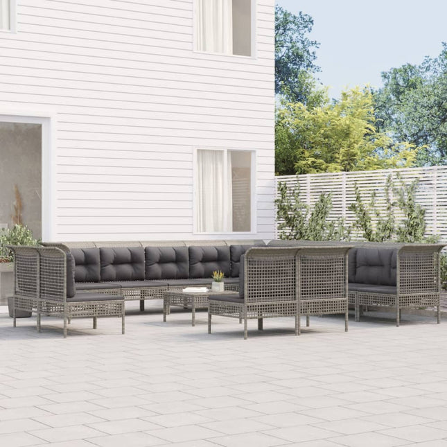 3-Delige Loungeset Met Kussens Poly Rattan Grijs 3x hoek + 10x midden