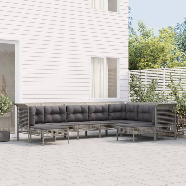 9-Delige Loungeset Met Kussens Poly Rattan Grijs 3x hoek + 4x midden + 2x voetensteun