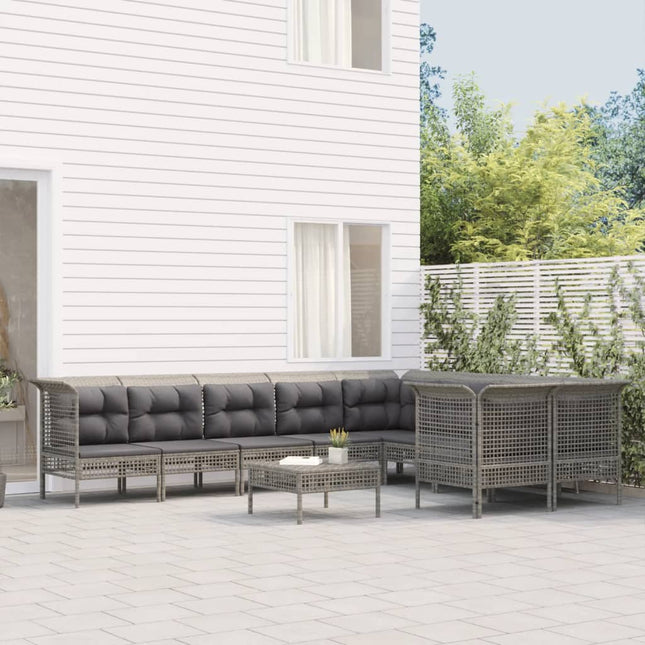 0-Delige Loungeset Met Kussens Poly Rattan Grijs 4x hoek + 5x midden + voetensteun