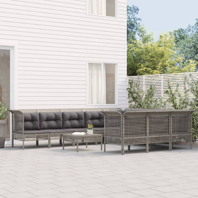 0-Delige Loungeset Met Kussens Poly Rattan Grijs 4x hoek + 6x midden