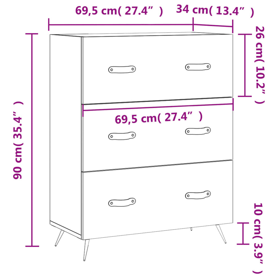 Ladekast 69,5x34x90 cm bewerkt hout wit