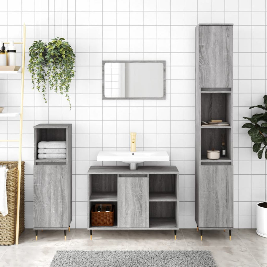Badkamerkast 80X33X60 Cm Bewerkt Hout Eikenkleurig Grijs sonoma