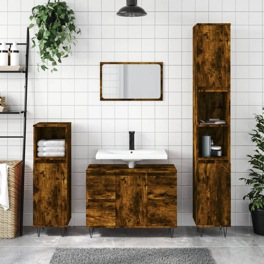 Badkamerkast 80X33X60 Cm Bewerkt Hout Kleurig Gerookt eiken