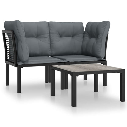 3-Delige Loungeset Met Kussens Poly Rattan Zwart En Grijs 2x hoek + Tafel