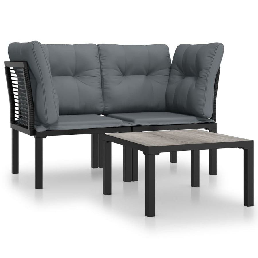 3-Delige Loungeset Met Kussens Poly Rattan Zwart En Grijs 2x hoek + Tafel
