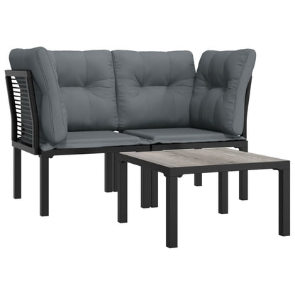 3-Delige Loungeset Met Kussens Poly Rattan Zwart En Grijs 2x hoek + Tafel