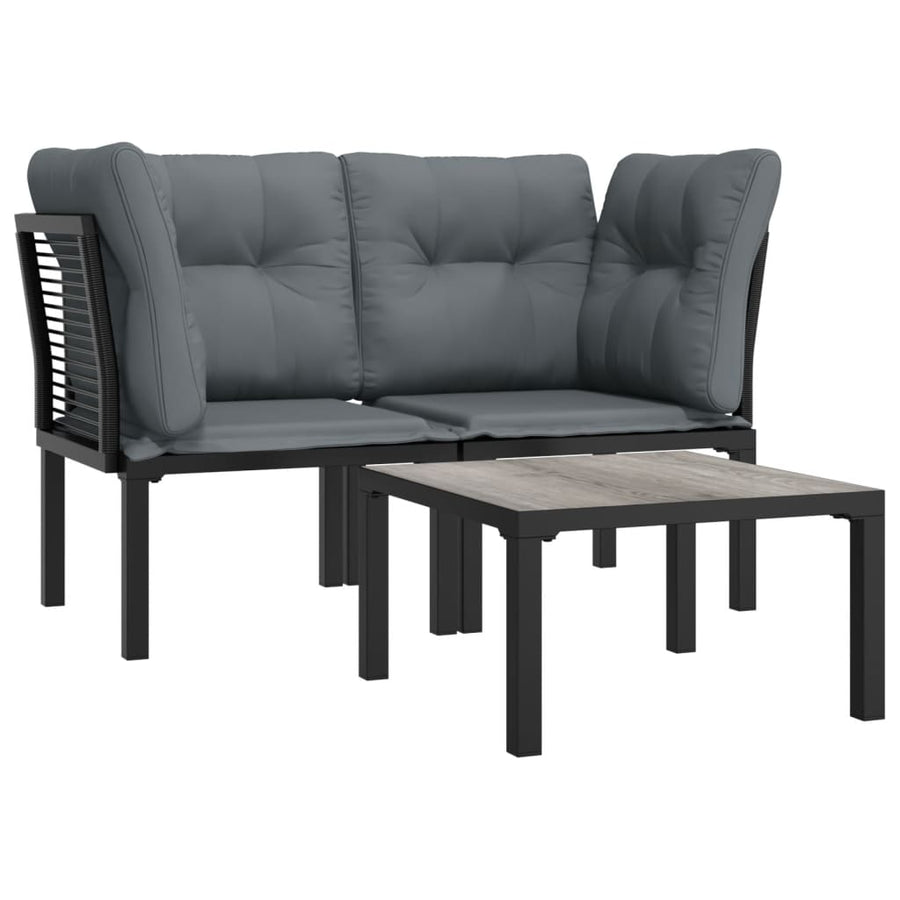 3-Delige Loungeset Met Kussens Poly Rattan Zwart En Grijs 2x hoek + Tafel
