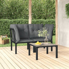 3-Delige Loungeset Met Kussens Poly Rattan Zwart En Grijs 2x hoek + Tafel