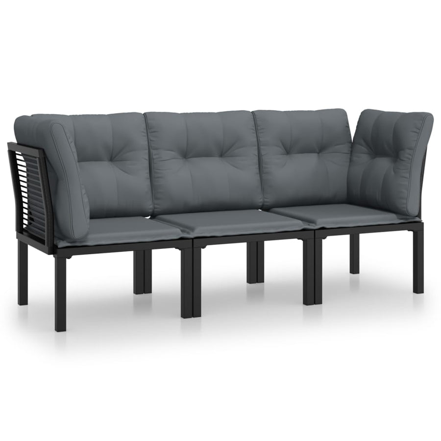 3-Delige Loungeset Met Kussens Poly Rattan Zwart En Grijs 2x hoek + midden