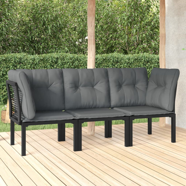 3-Delige Loungeset Met Kussens Poly Rattan Zwart En Grijs 2x hoek + midden