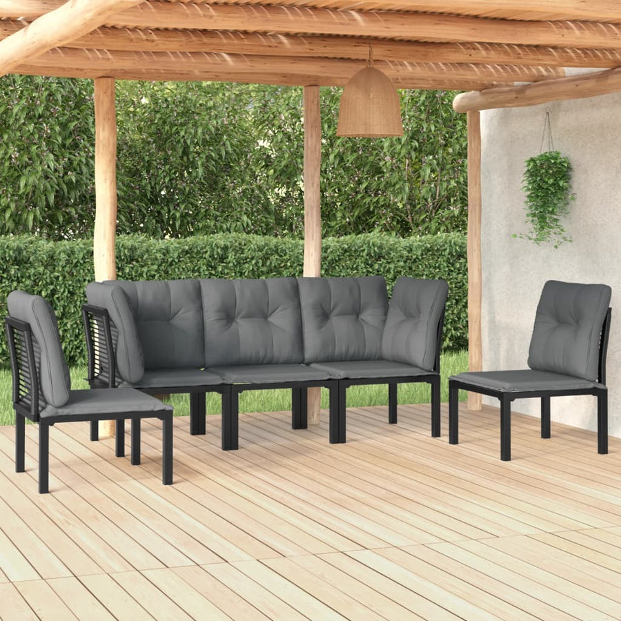 5-Delige Loungeset Poly Rattan Zwart En Grijs 2x hoek + 3x midden