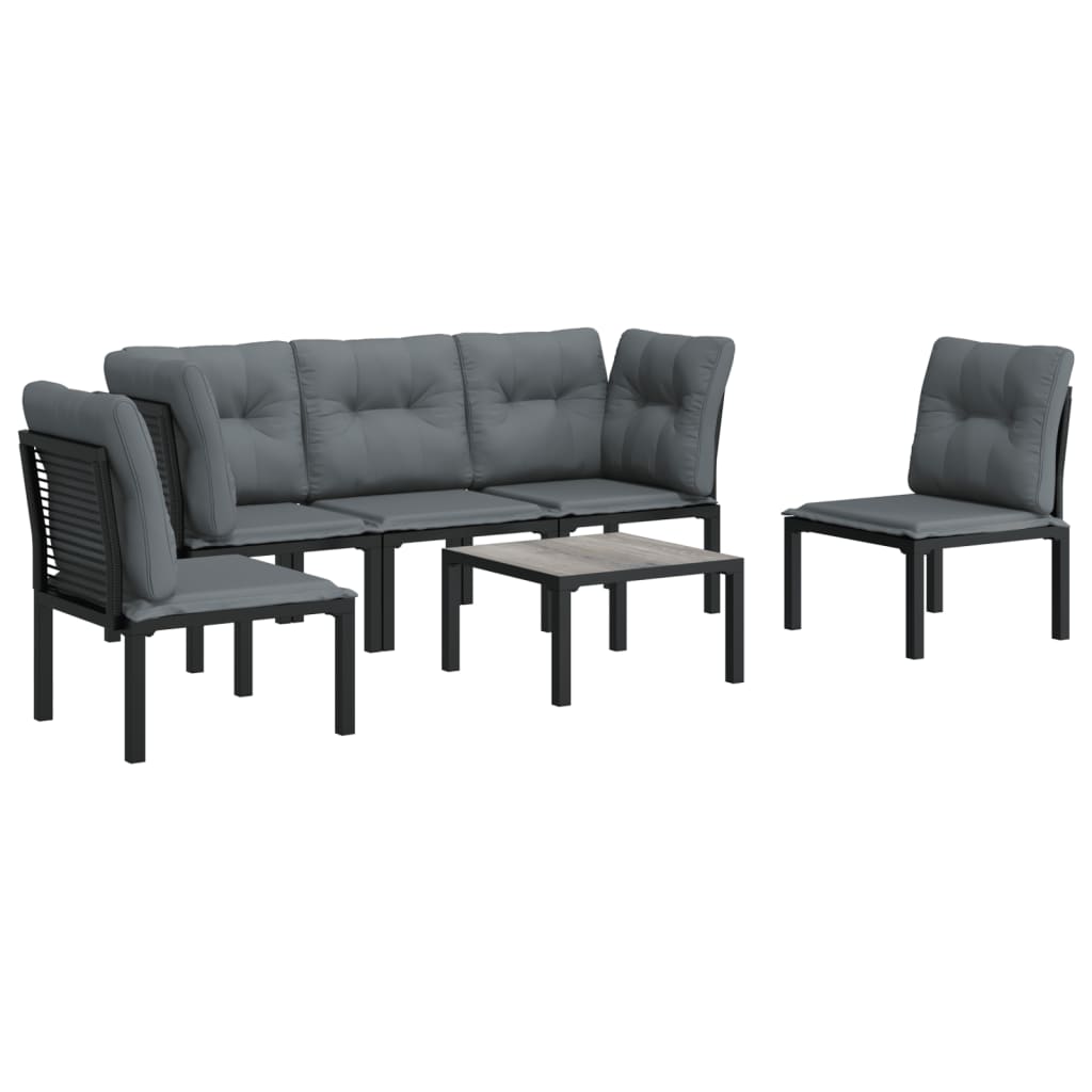 6-Delige Loungeset Poly Rattan Zwart En Grijs 2x hoek + 3x midden + Tafel