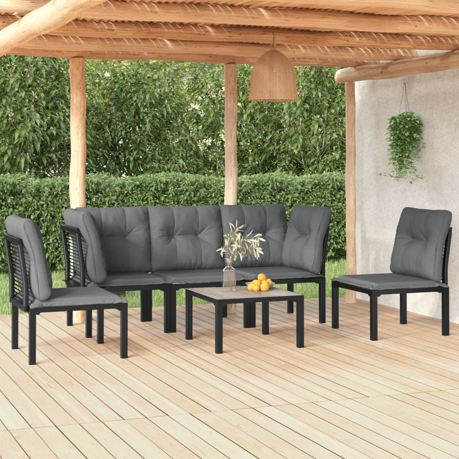 6-Delige Loungeset Poly Rattan Zwart En Grijs 2x hoek + 3x midden + Tafel