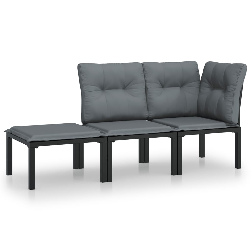 3-Delige Loungeset Met Kussens Poly Rattan Zwart En Grijs hoek + midden + voetensteun