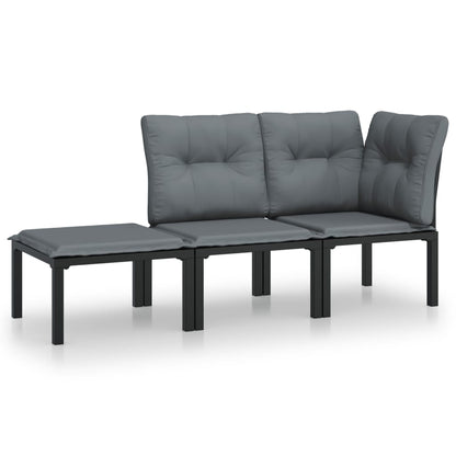 3-Delige Loungeset Met Kussens Poly Rattan Zwart En Grijs hoek + midden + voetensteun