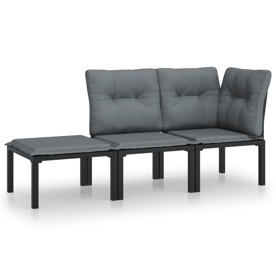 3-Delige Loungeset Met Kussens Poly Rattan Zwart En Grijs hoek + midden + voetensteun