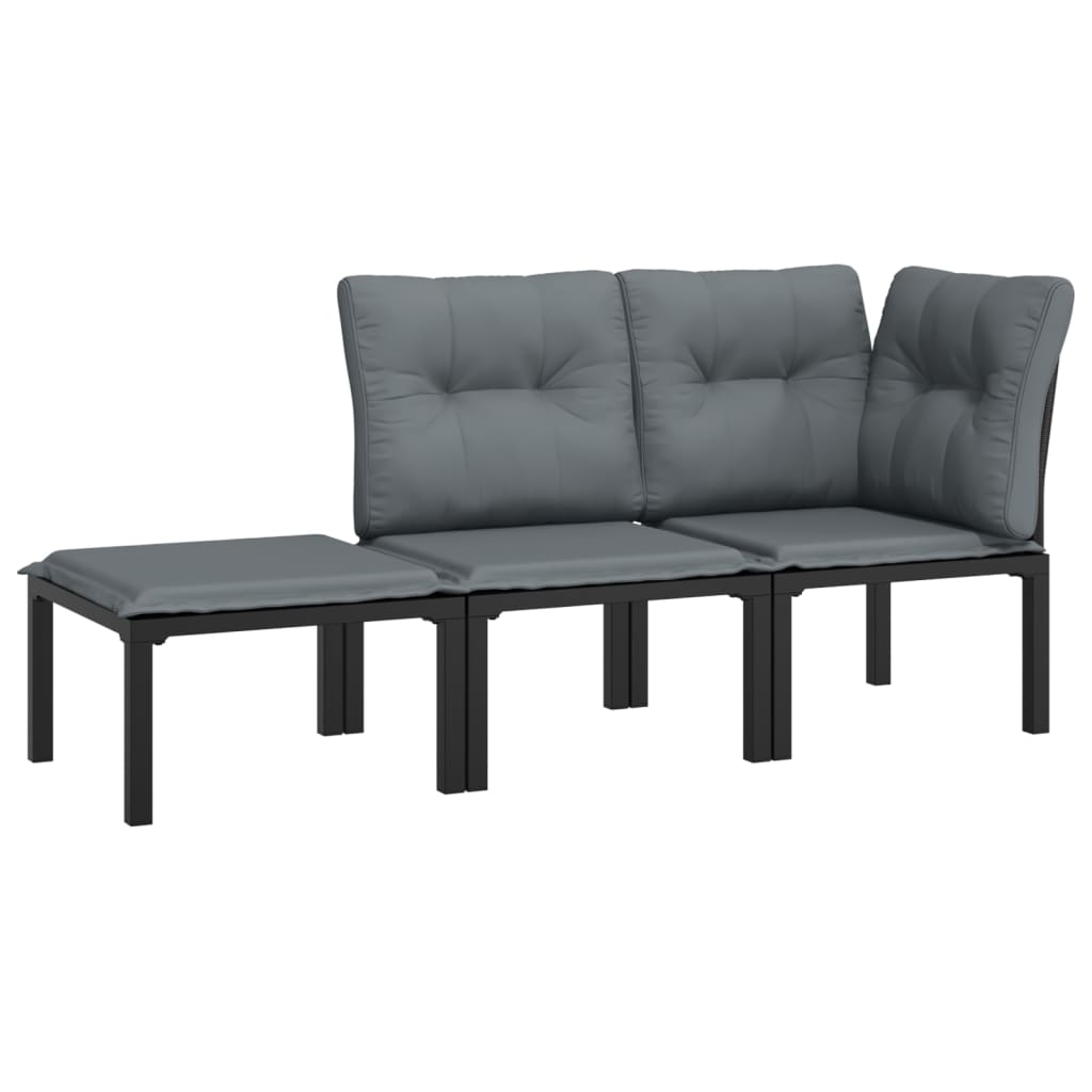 3-Delige Loungeset Met Kussens Poly Rattan Zwart En Grijs hoek + midden + voetensteun
