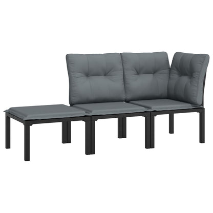 3-Delige Loungeset Met Kussens Poly Rattan Zwart En Grijs hoek + midden + voetensteun
