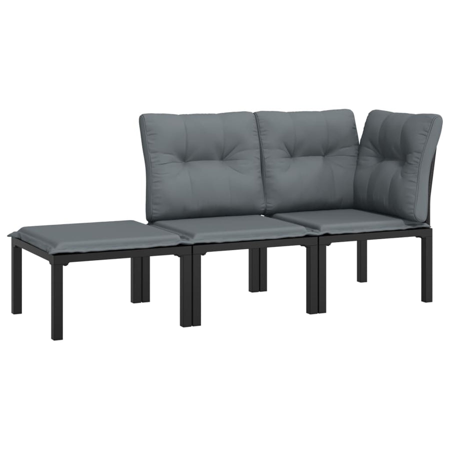 3-Delige Loungeset Met Kussens Poly Rattan Zwart En Grijs hoek + midden + voetensteun
