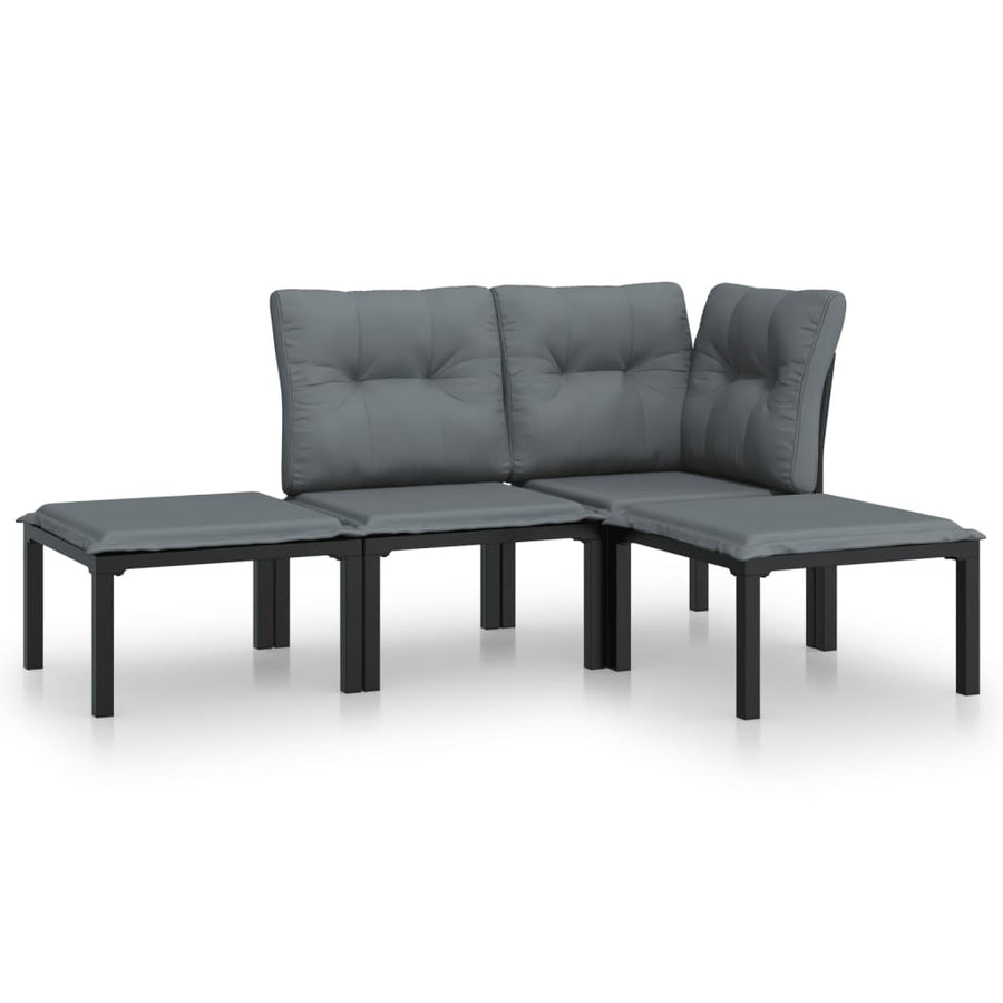 4-Delige Loungeset Poly Rattan Zwart En Grijs hoek + midden + 2x voetensteun