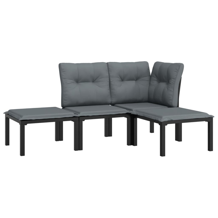 4-Delige Loungeset Poly Rattan Zwart En Grijs hoek + midden + 2x voetensteun