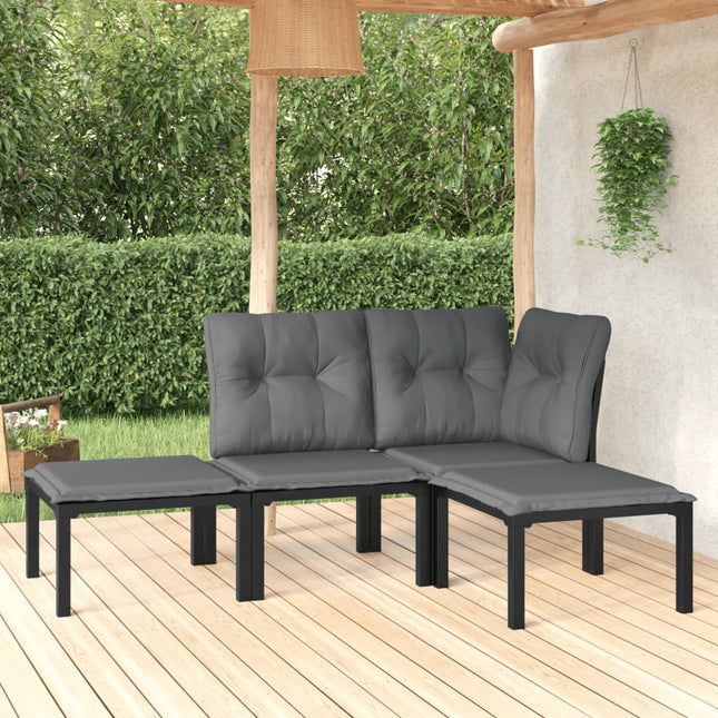 4-Delige Loungeset Poly Rattan Zwart En Grijs hoek + midden + 2x voetensteun