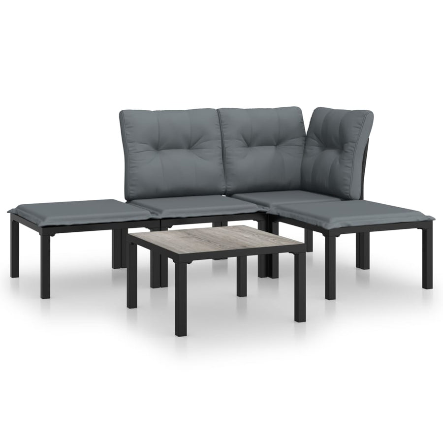 5-Delige Loungeset Poly Rattan Zwart En Grijs hoek + midden + 2x voetensteun + Tafel