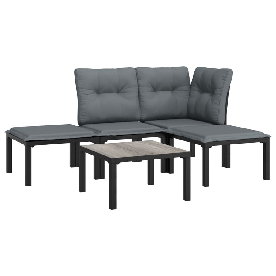 5-Delige Loungeset Poly Rattan Zwart En Grijs hoek + midden + 2x voetensteun + Tafel