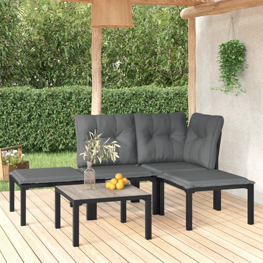 5-Delige Loungeset Poly Rattan Zwart En Grijs hoek + midden + 2x voetensteun + Tafel
